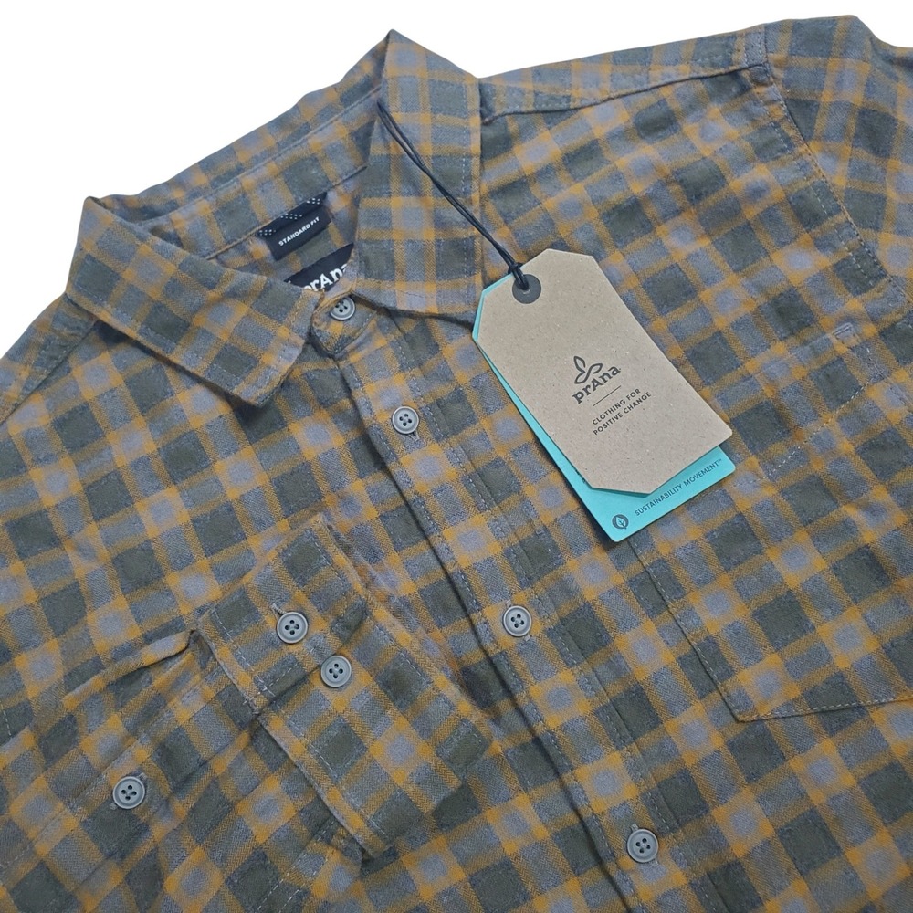 Prana Los Feliz Flannel Shirt Mens Small Plaid Green Orange Blue Grunge New